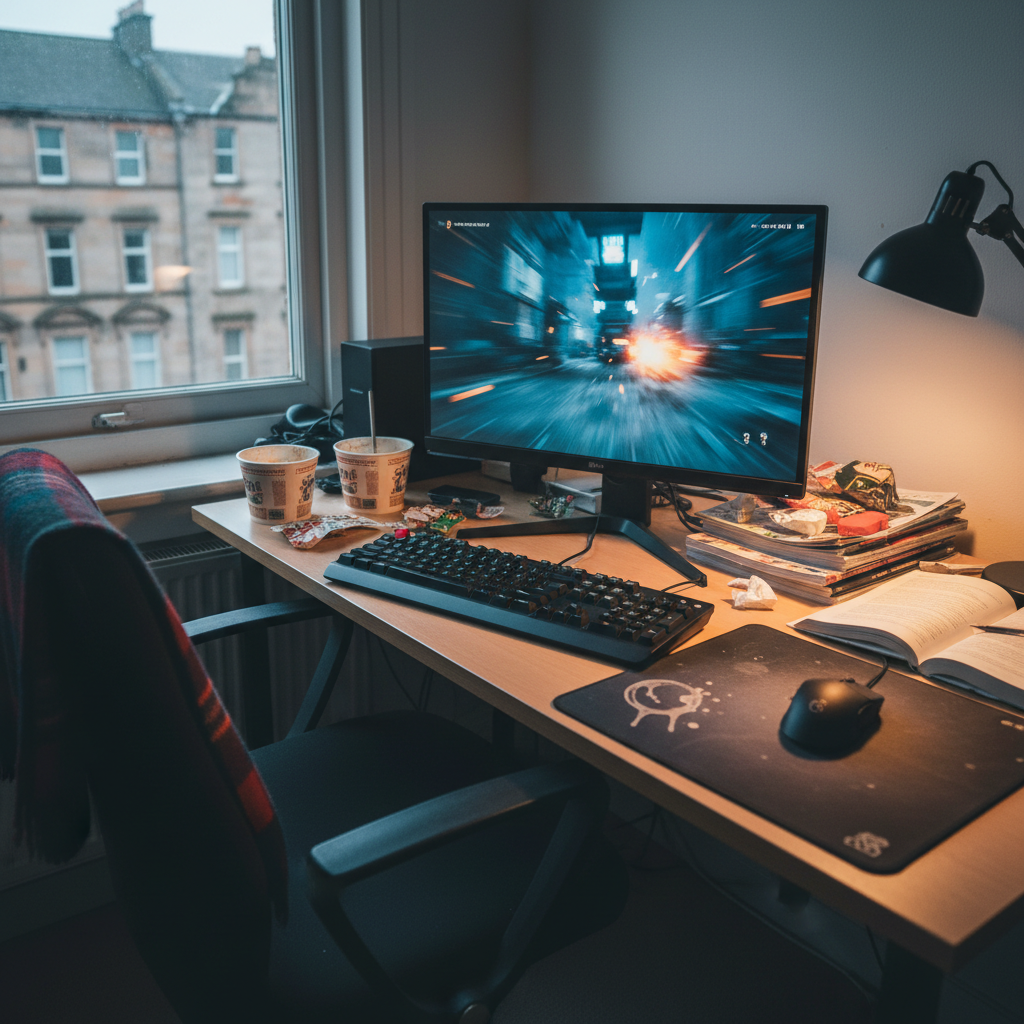 A compact gaming setup on a slightly cluttered desk: a mid-range monitor showing a blurred, fast-paced action game, a mechanical keyboard with mismatched keycaps, and a mousepad with faint tea stains. A small tartan-patterned blanket is draped over the back of a plain office chair. Outside a nearby window, an overcast Glasgow street with sandstone buildings is softly out of focus. Cool daylight mixes with the warm glow of a cheap desk lamp, creating gentle shadows and reflections on the monitor. Shot from a three-quarter angle in photographic realism, the composition uses the rule of thirds to emphasize the authentic, budget-friendly rig, capturing the playful, self-aware atmosphere of a no-nonsense game blog.