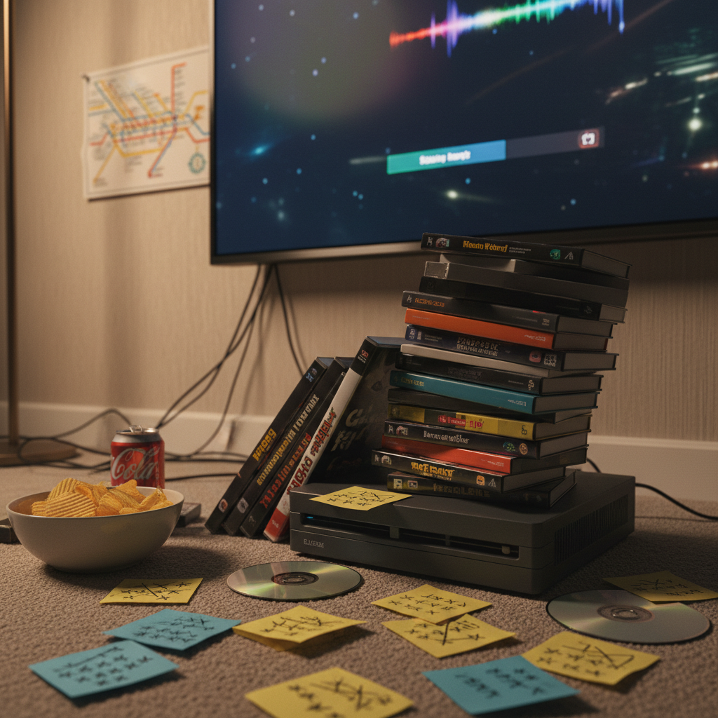 A stack of mixed physical game cases and unmarked discs leans precariously beside a slightly dusty console under a wall-mounted TV. Sticky notes with scribbled, crossed-out star ratings are scattered around, their text too blurred to read. A half-finished bowl of crisps and an open fizzy drink can sit nearby, with a small Glasgow subway map pinned in the background. Warm, uneven living room lighting creates gentle shadows and a relaxed, late-night feel. Photographed from a low-angle close-up in realistic style, the focus stays on the chaotic pile of games while the TV emits a soft, colorful glow, suggesting hours of honest, sometimes grammatically questionable reviews in progress.